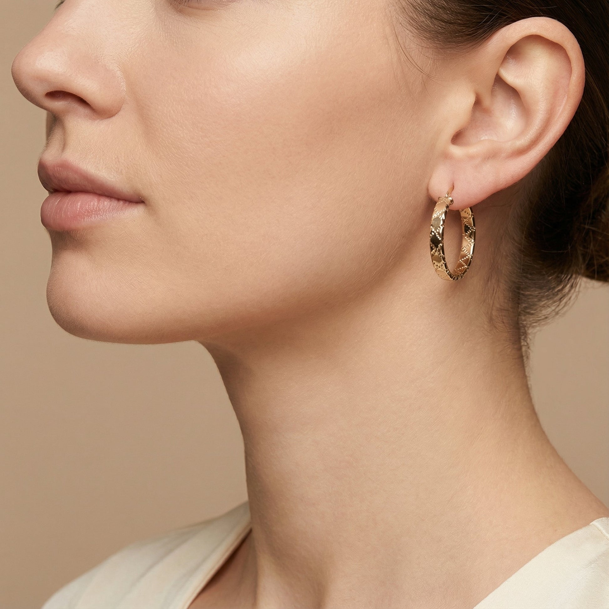 10K Yellow Gold Nexus Aura Hoop Earrings worn - lifestyle image