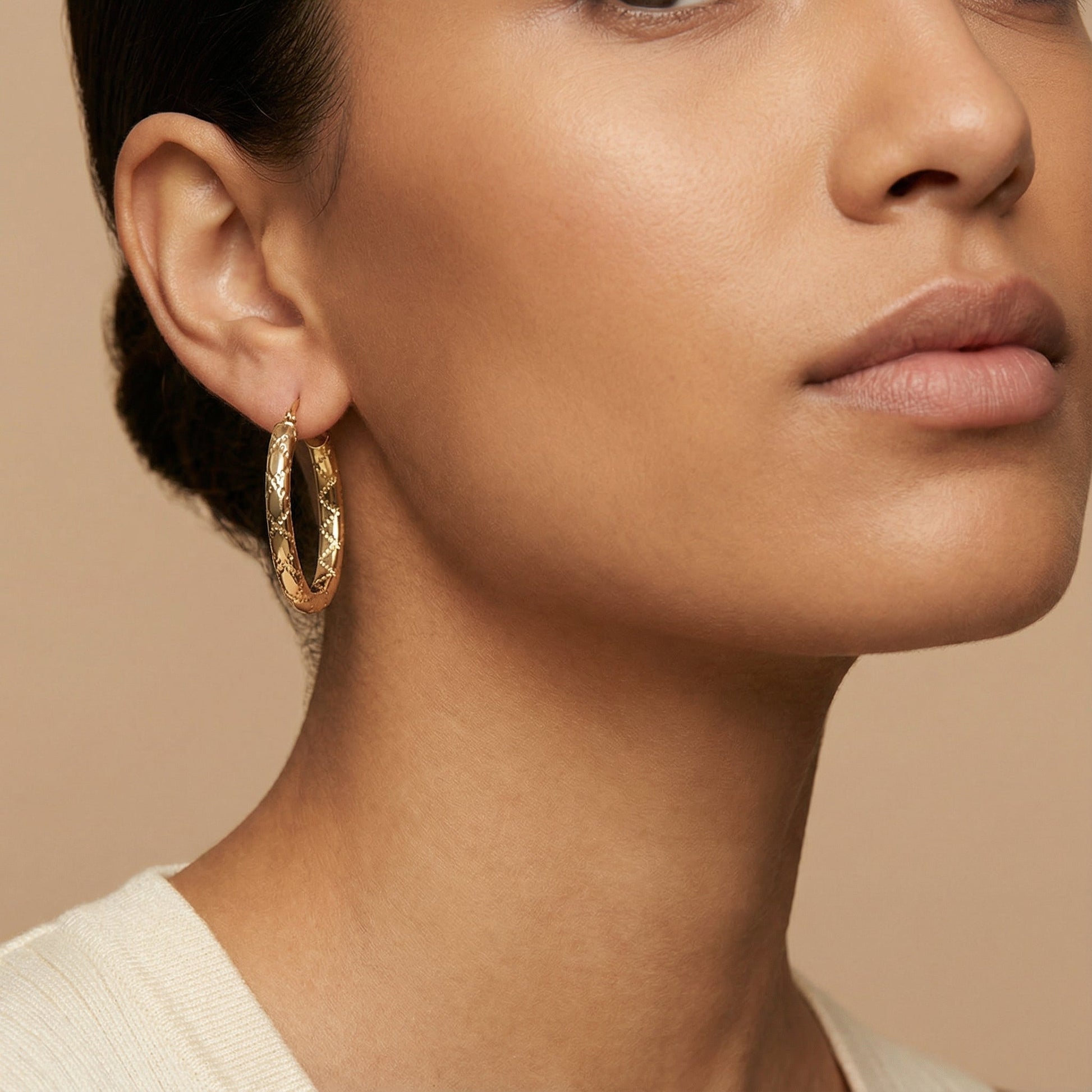10K Yellow Gold Nexus Whisper Hoop Earrings worn - lifestyle image