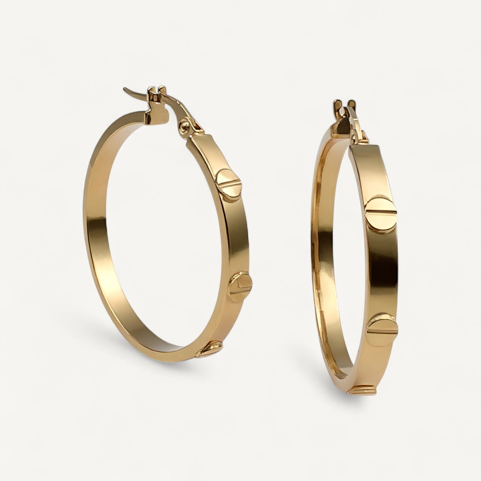 10K Yellow Gold Signum Aura Hoop Earrings - screw-head accent 30mm hoops