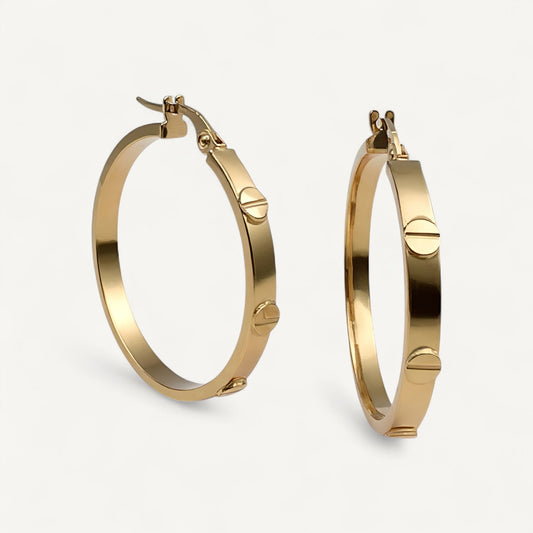 10K Yellow Gold Signum Aura Hoop Earrings - screw-head accent 30mm hoops