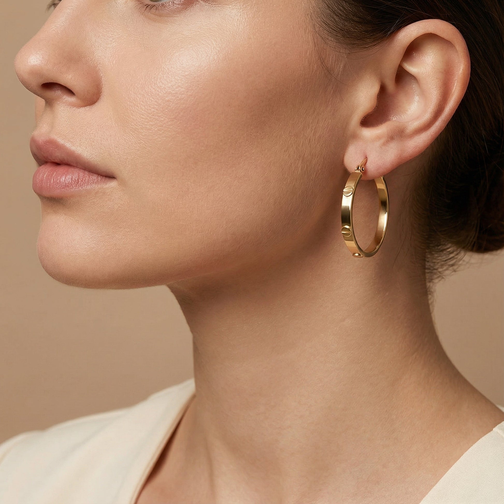 10K Yellow Gold Signum Aura Hoop Earrings worn - lifestyle image