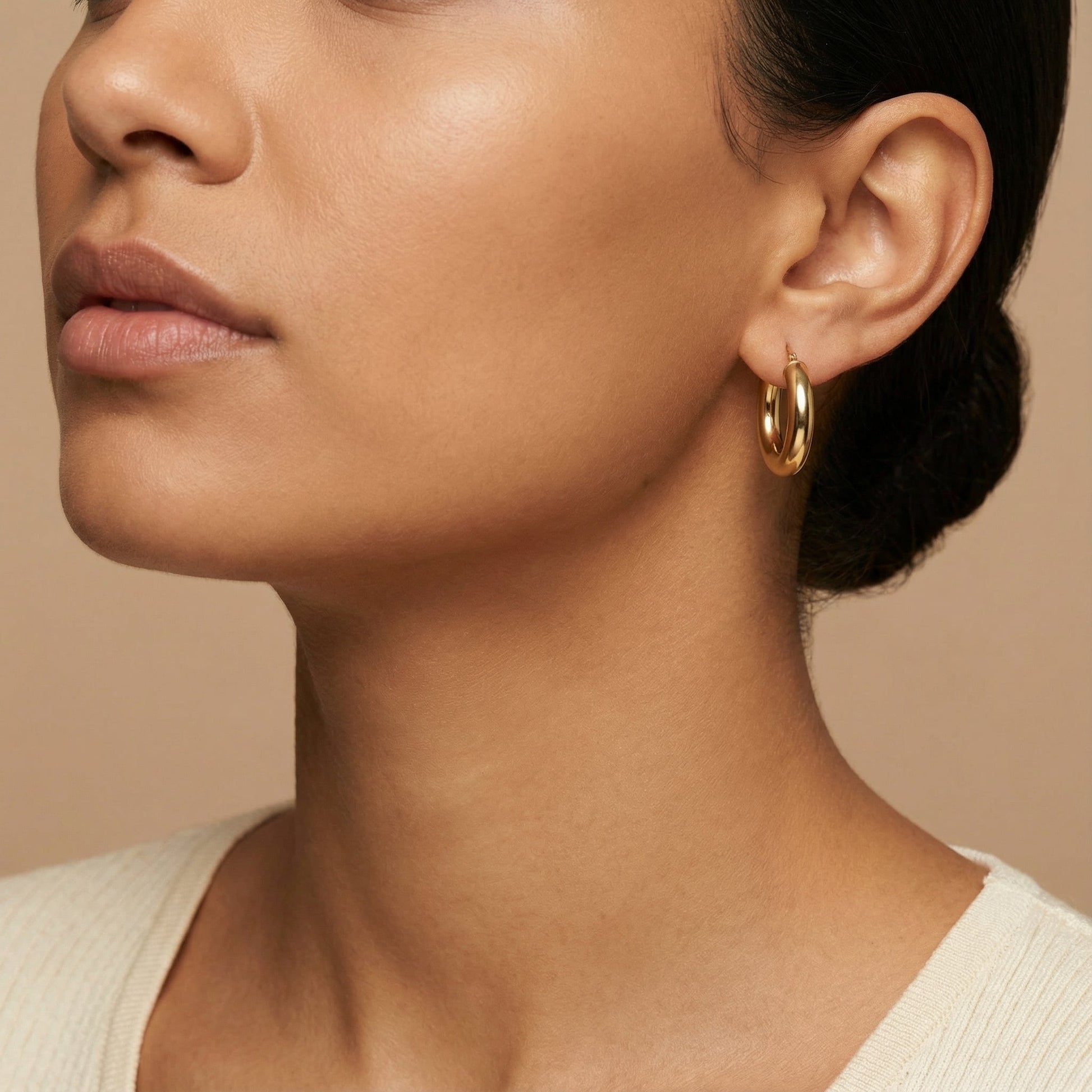 10K Yellow Gold Solara Grace Hoop Earrings worn - lifestyle image