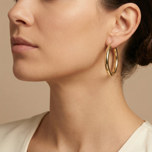 10K Yellow Gold Solara Horizon Hoop Earrings worn - lifestyle image