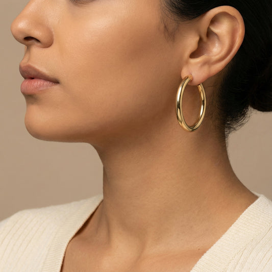 10K Yellow Gold Solara Radiance Hoop Earrings worn - lifestyle image