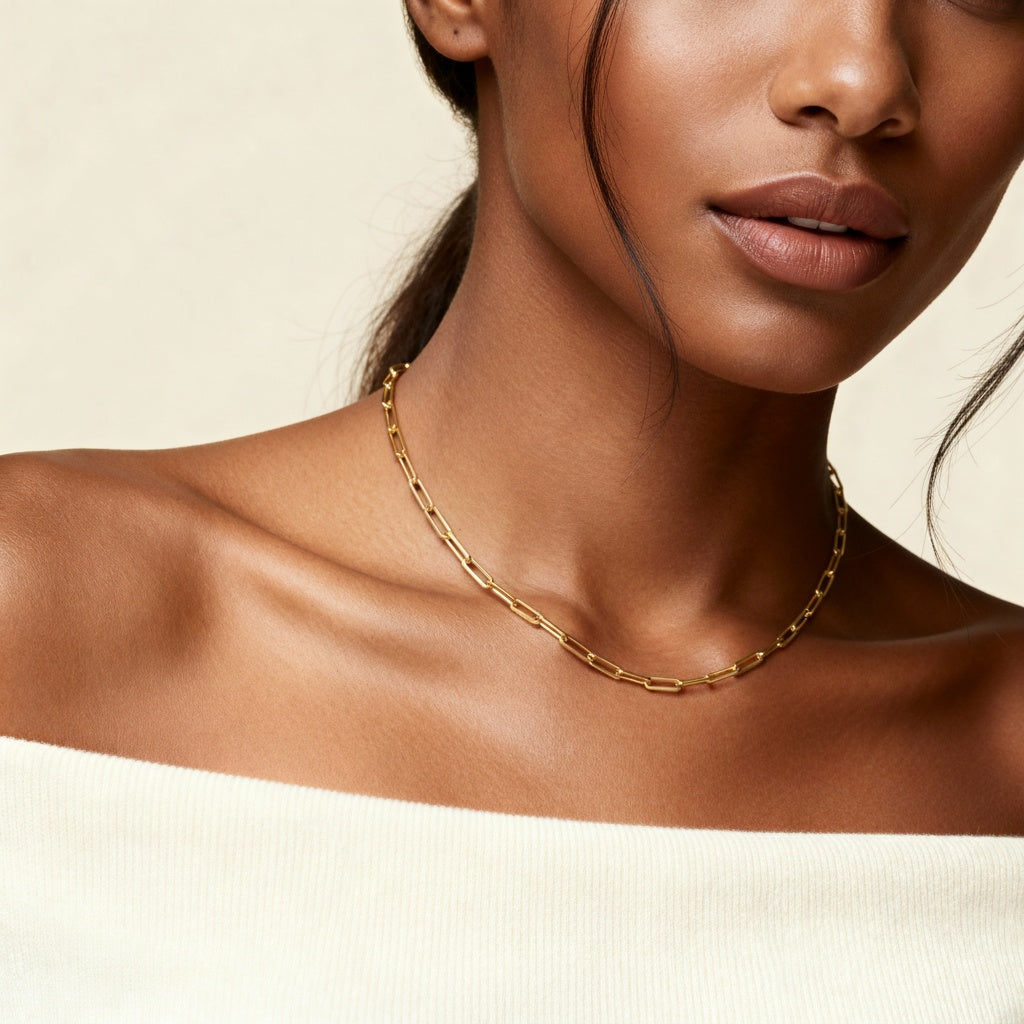 10K Yellow Gold Tempo Balanced Paperclip Chain Necklace worn - lifestyle image