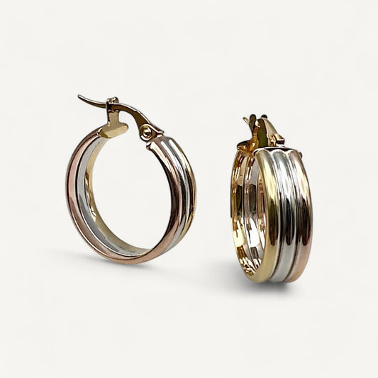 10K Yellow Gold Triad Embrace Hoop Earrings - tri-tone polished 18mm hoops
