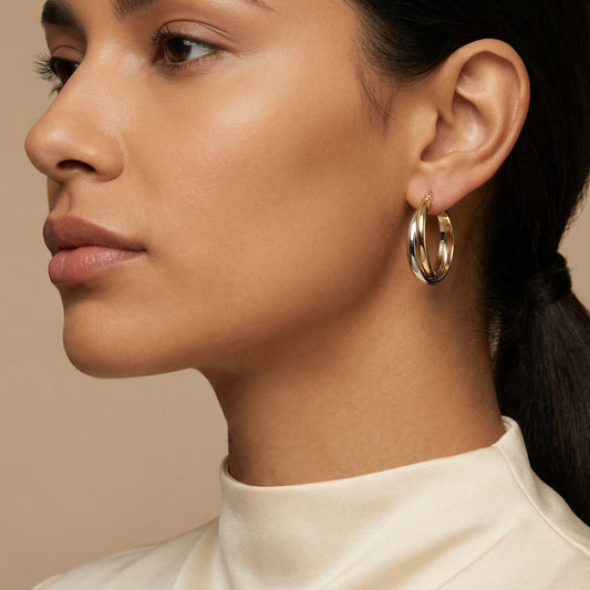 10K Yellow Gold Trinity Swirl Hoop Earrings worn - lifestyle image