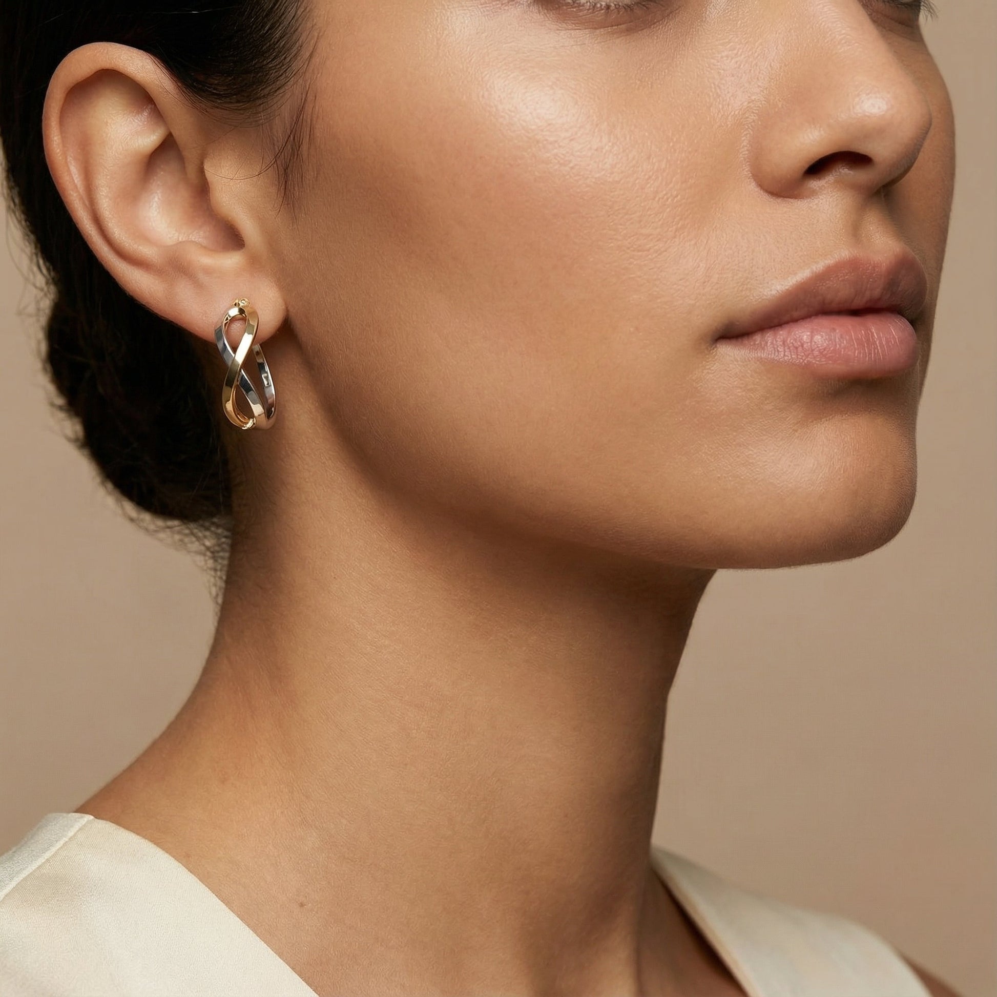 10K Yellow Gold Union Gleam Hoop Earrings worn - lifestyle image