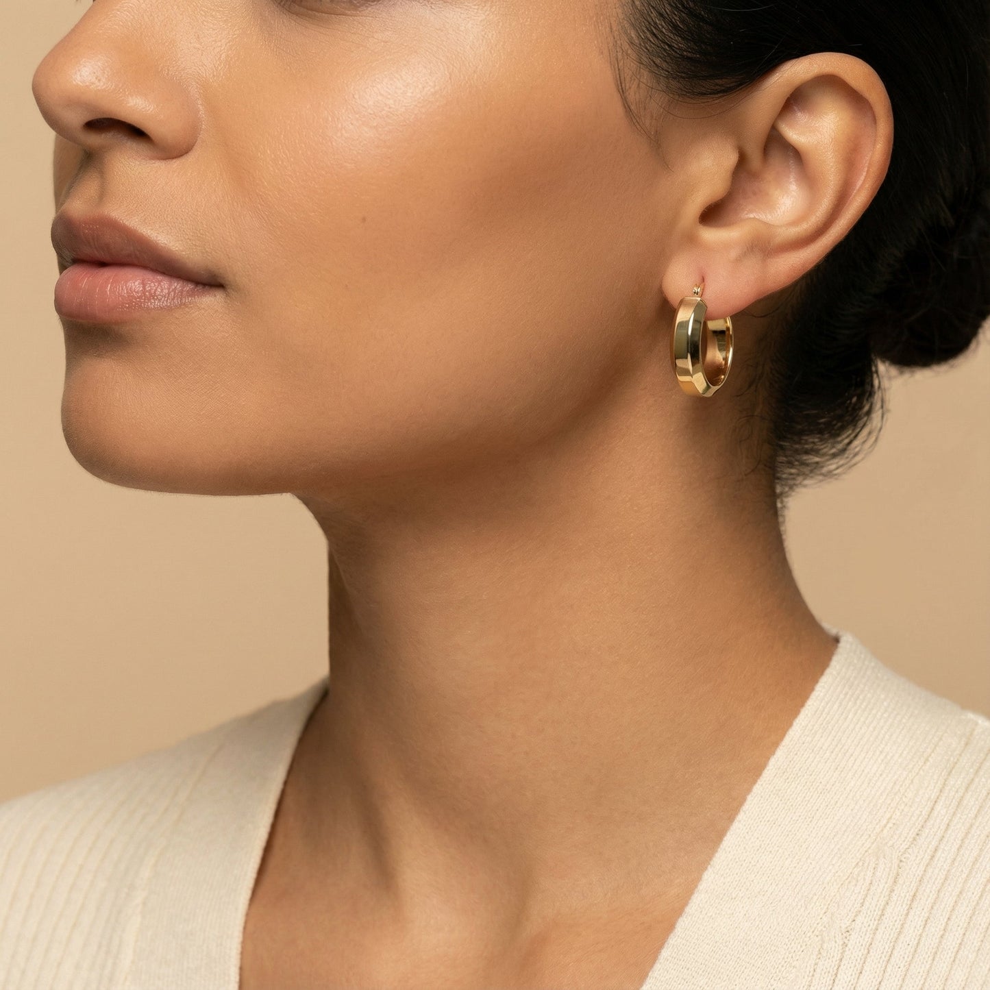 10K Yellow Gold Veridia Grace Hoop Earrings worn - lifestyle image