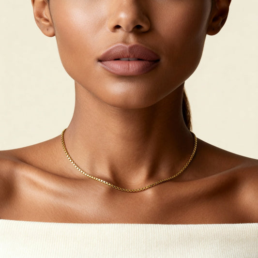 10K Yellow Gold Verve Substantial Box Chain Necklace worn - lifestyle image