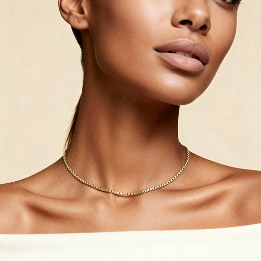 10K Yellow Gold Verve Timeless Box Chain Necklace worn - lifestyle image