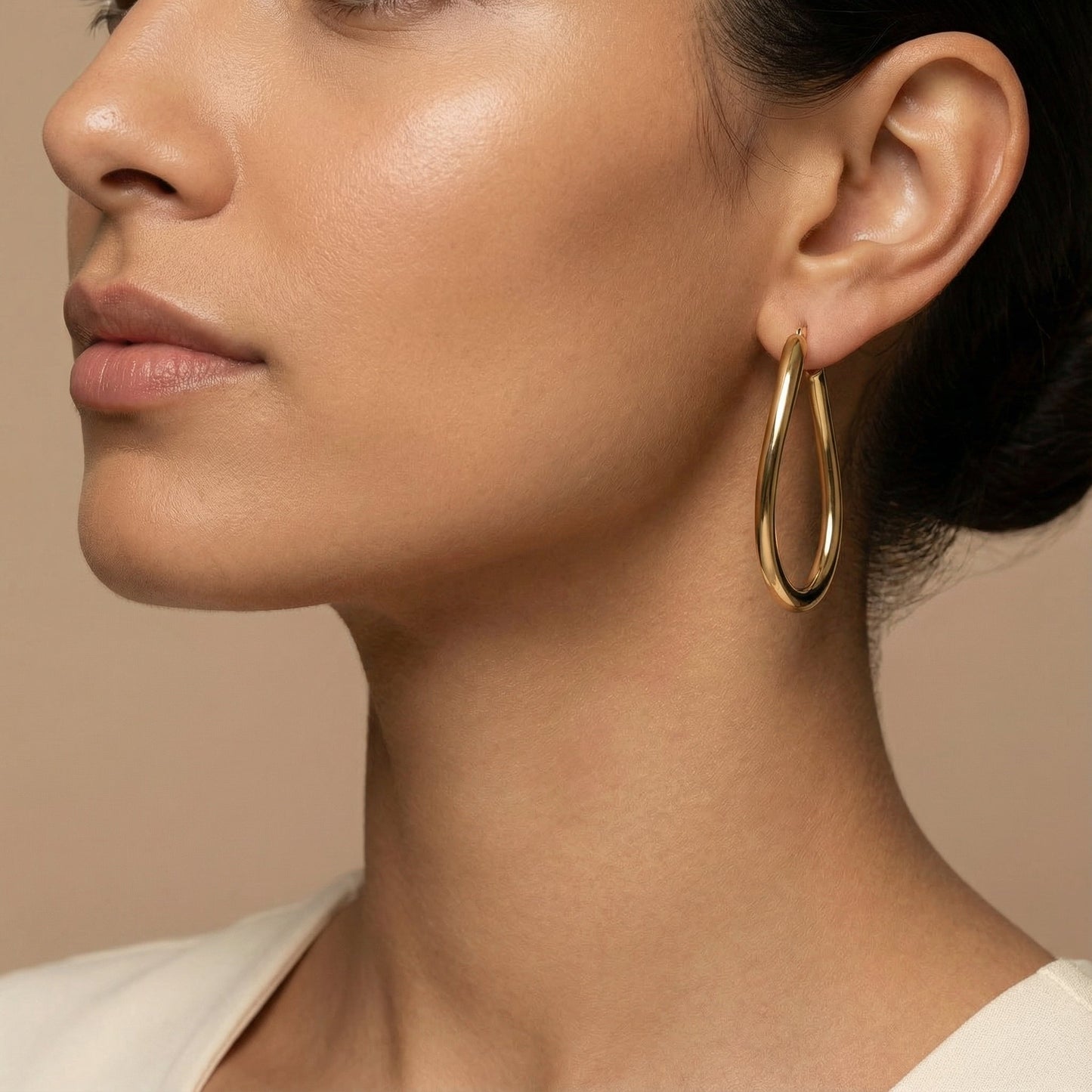 10K Yellow Gold Vista Drop Hoop Earrings worn - lifestyle image