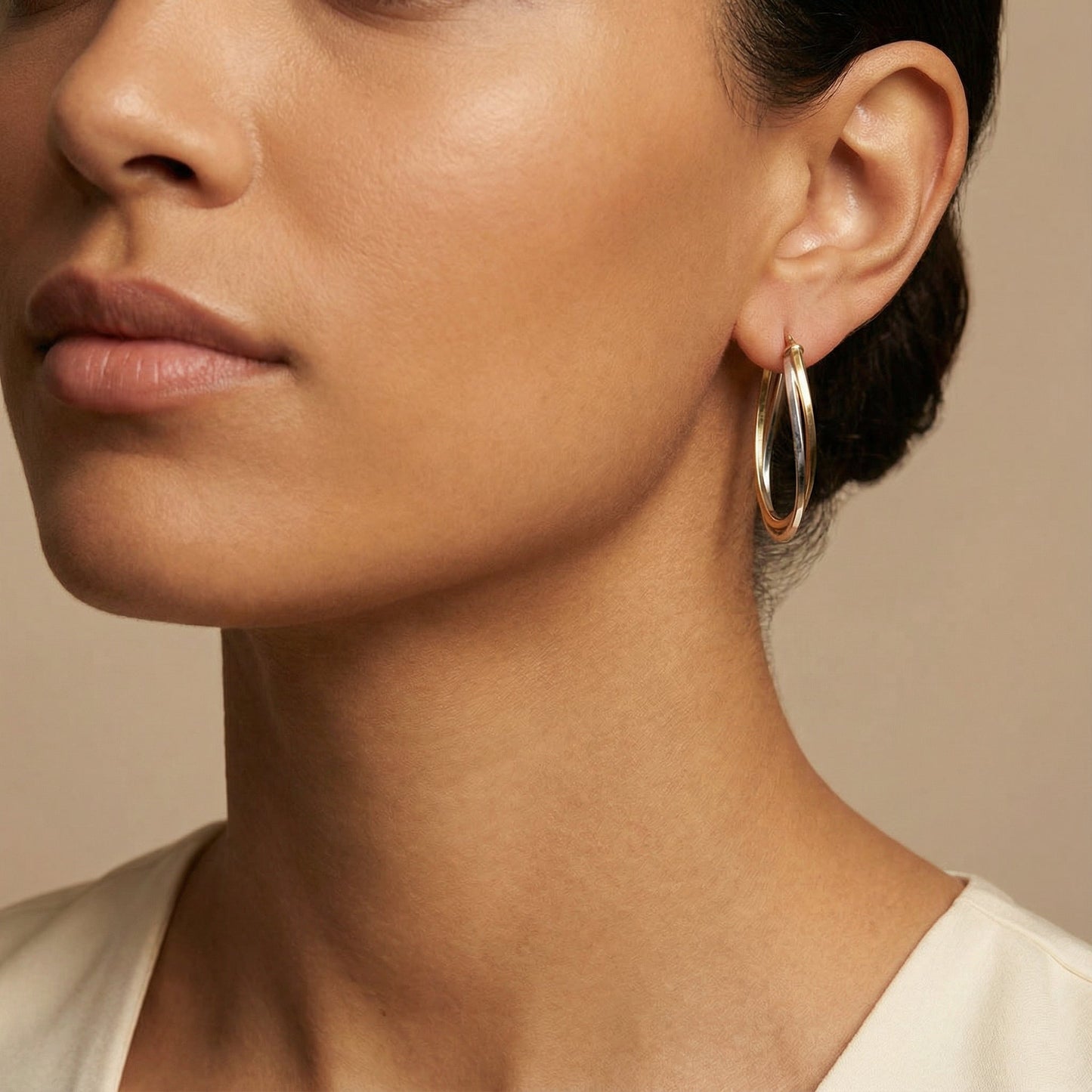 10K Yellow Gold Wisp Cascade Hoop Earrings worn - lifestyle image
