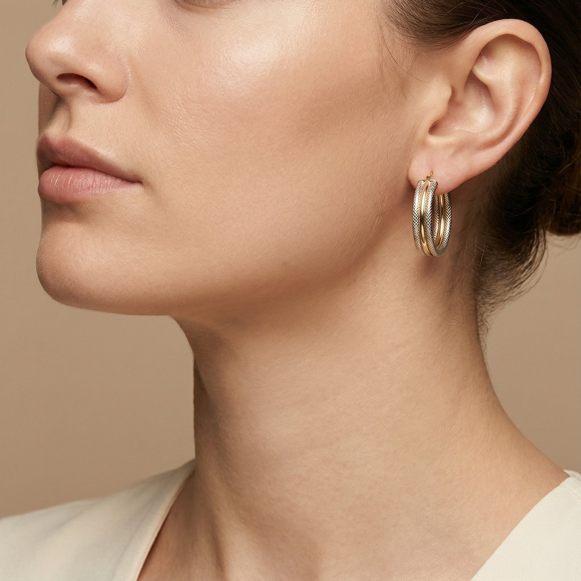 10K Yellow Gold Woven Radiance Hoop Earrings worn - lifestyle image