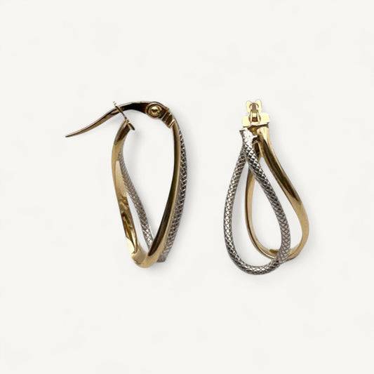10K Yellow Gold Zephyr Twist Hoop Earrings - two-tone twisted teardrop design